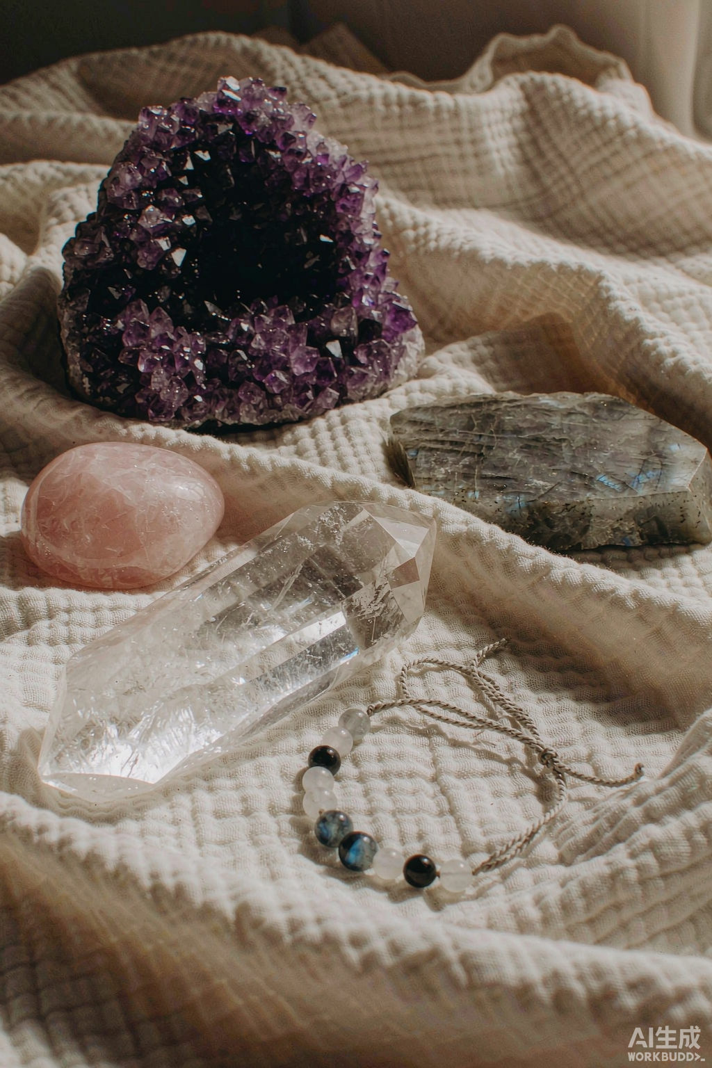 Assorted natural crystals and a hand-finished crystal bracelet on linen